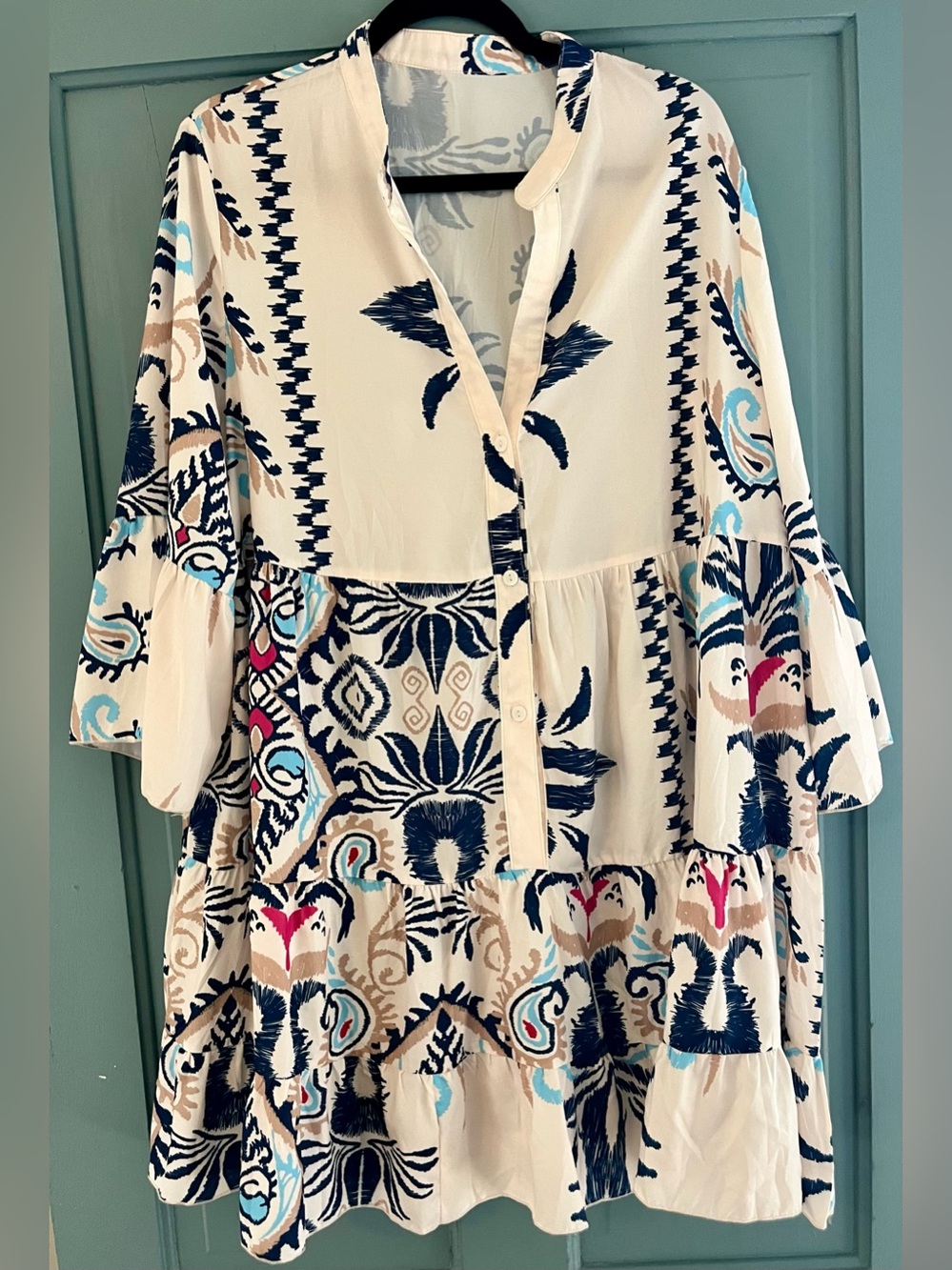Boho Tiered Button-Front Dress - Navy & Cream Print